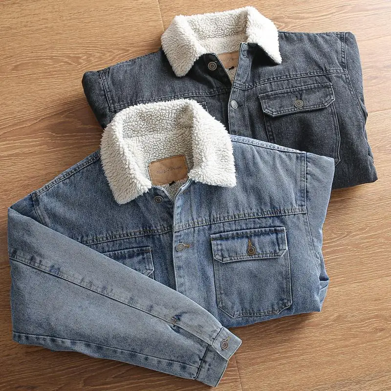 

Утепленная мужская джинсовая куртка для зимы, рабочая одежда, хлопковое пальто, теплая, стандартного кроя, с воротником в японском стиле, стандартной длины