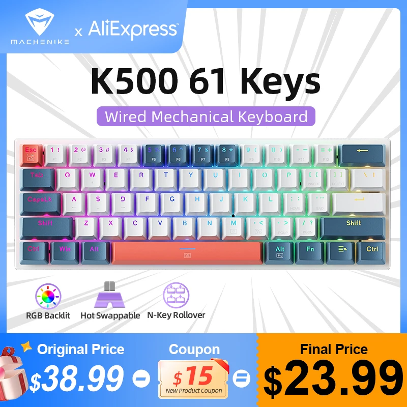 Mechanical Keyboard 60% Gamer Machenike K500-B61 Wired Gaming Keyboard 61 Keys Hot Swappable RGB Light Anti-Ghosting ABNT2