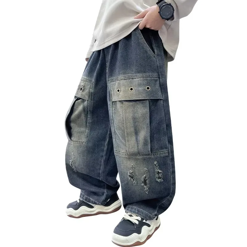 

Child Vintage Blue Wide Jeans for Big Boy Baggy Jeans With Pocket Cowboy Cool Denim Pants With Hole Kids Ripped Jeans 5-14 Years