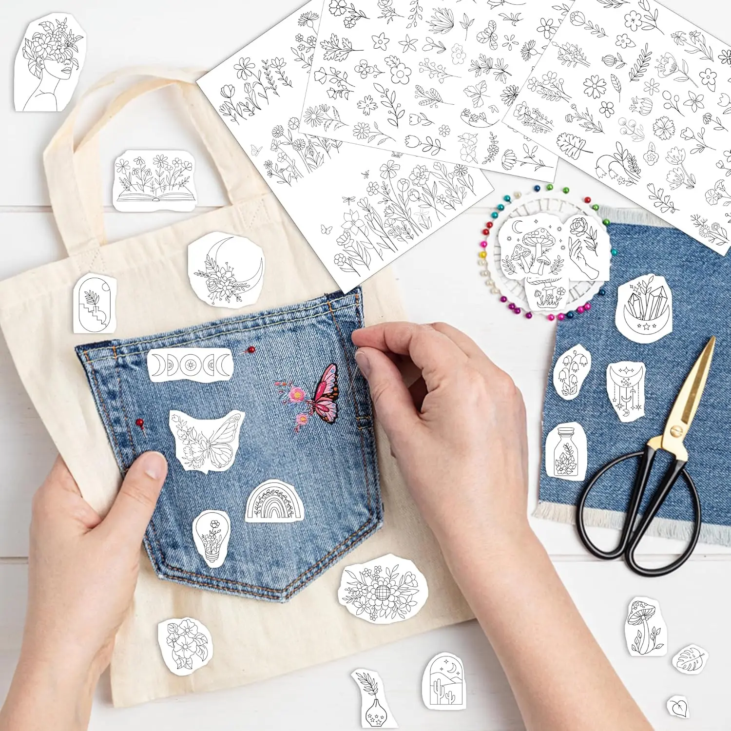 مثبتات التطريز القابلة للذوبان في الماء، أنماط الحروف، عصا التطريز والورق مع أنماط الزهور المطبوعة مسبقًا