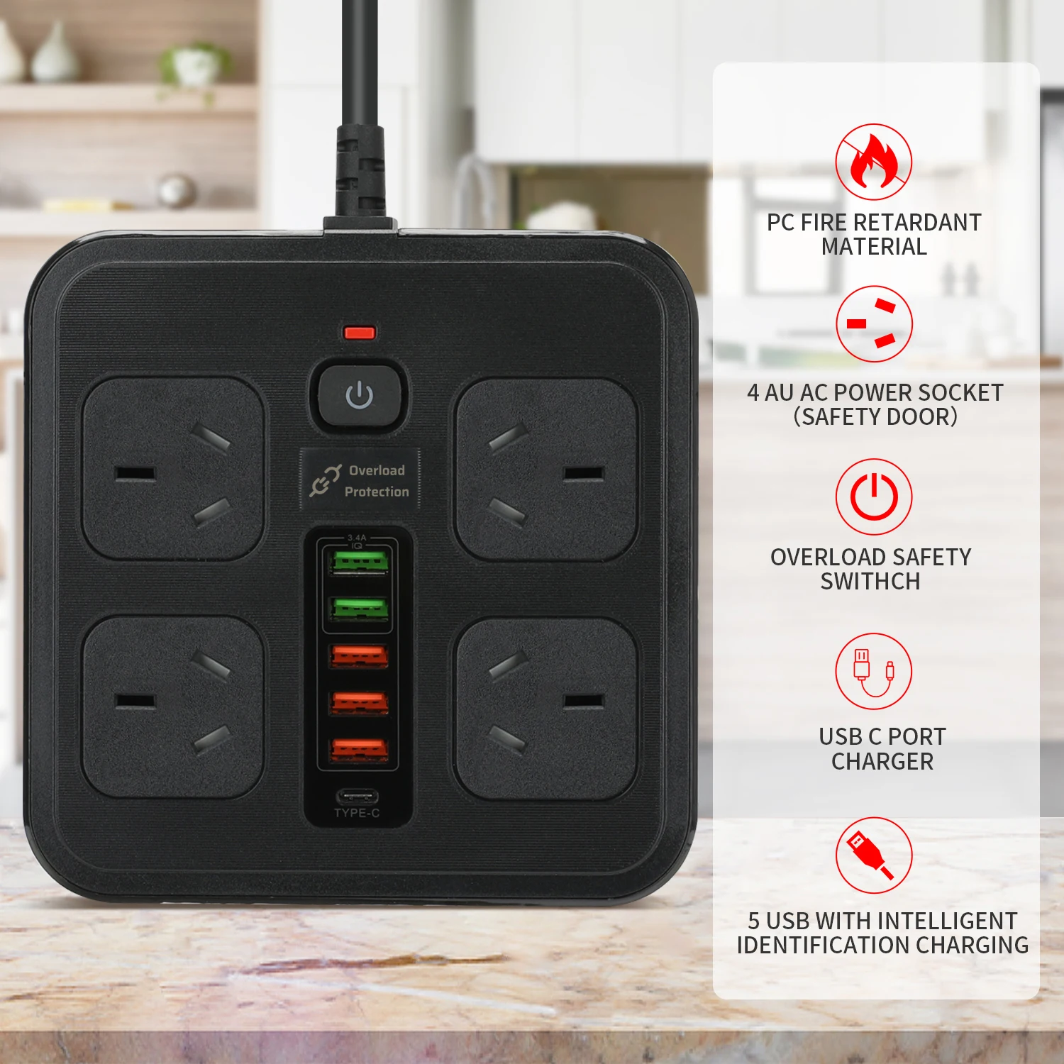 Imagem -05 - Padrão au Plug Power Strip 4ac Tomada Multi Tomada Cabo de Extensão Tomada Elétrica Filtro de Rede Protetor contra Surtos 2m