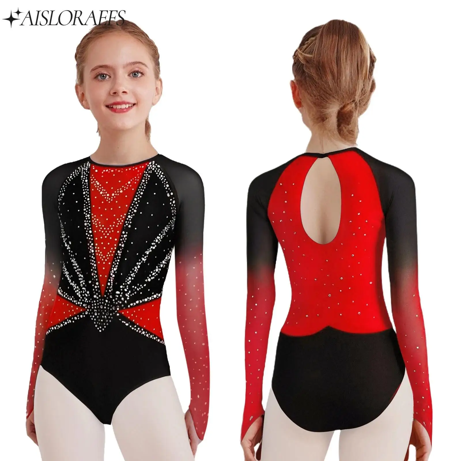 

Girls Ballet Jersey Kids Acrobatics Figure Skating Dance Costume Rhinestones Mesh Gymnastics Leotard for Stage Performance Party