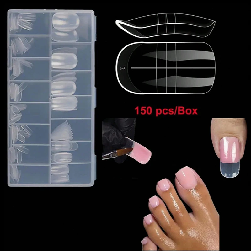 150pcs Box of Nail Extensions in 15 Sizes Reusable Full Nail Tips Polyethylene Gel Full Cover Toenails Extension Foot Armor Mold