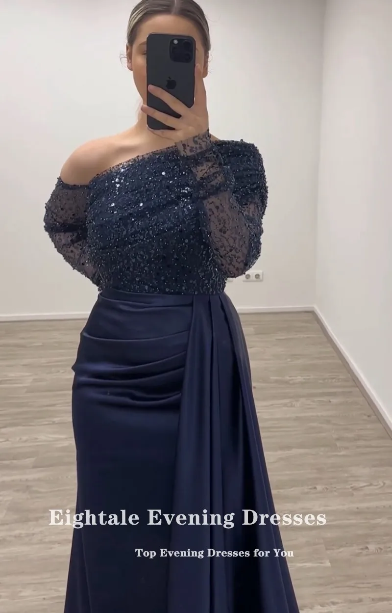 Eightale Navy Blue Evening Dress Mermaid Prom Gown Satin One Shoulder Sequined Long Sleeves Customized Wedding Party Dress