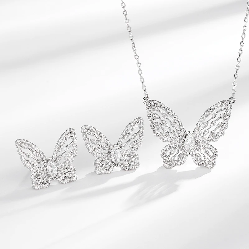 Fashion Classic Two Piece Butterfly Wings Necklace Earnail Zircon Jewelry Set Anniversary Party Gift S2025