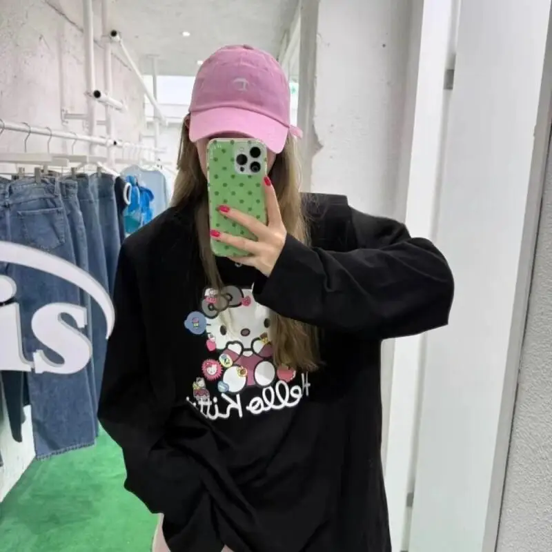 

Топы с длинными рукавами Y2K Sanrio Hello Kitty, хлопковая женская повседневная одежда с принтом кошки в стиле Instagram, новая универсальная коллекция футболок свободного кроя
