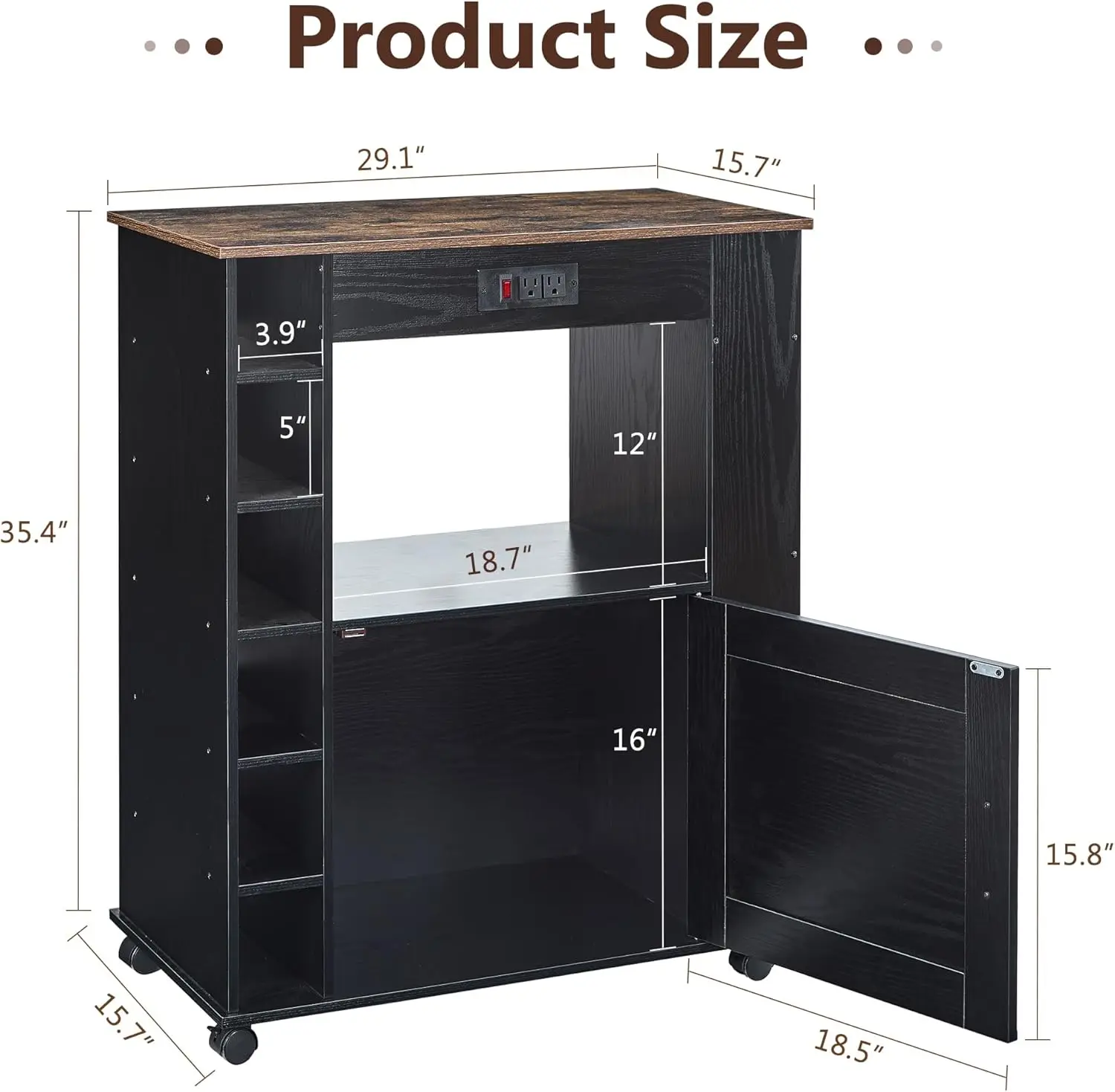 Vecelo Rolling Kitchen Island Cart With Large Storage, Microwave Stand, Open Shelves, Wine Rack, Power Outlet, Bar Cabinet For