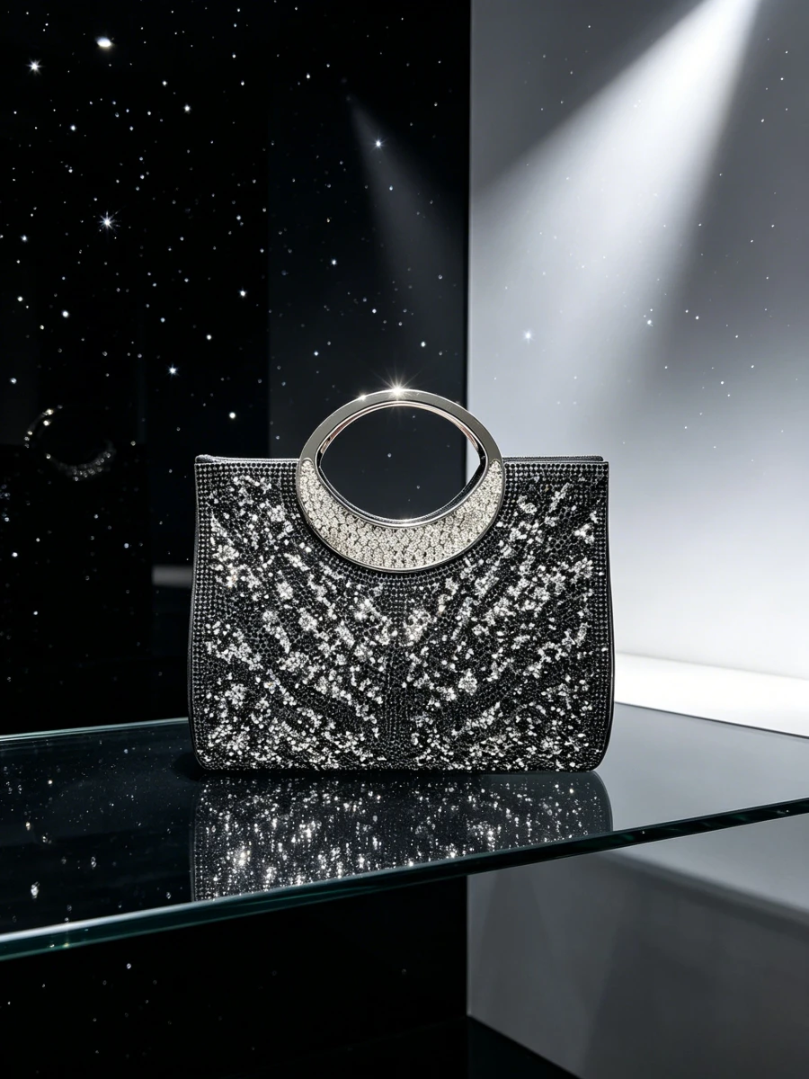 Black Base Starry Rhinestone Crescent Crystal Ring Handle Clutch Women Elegant Evening Bag For Middle Aged Ladies Prom Wedding
