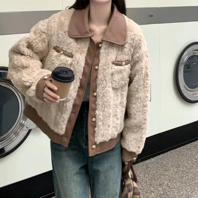 American Retro Coat Winter Artificial Lamb Wool Stitching Fashion Women's Jacket Top