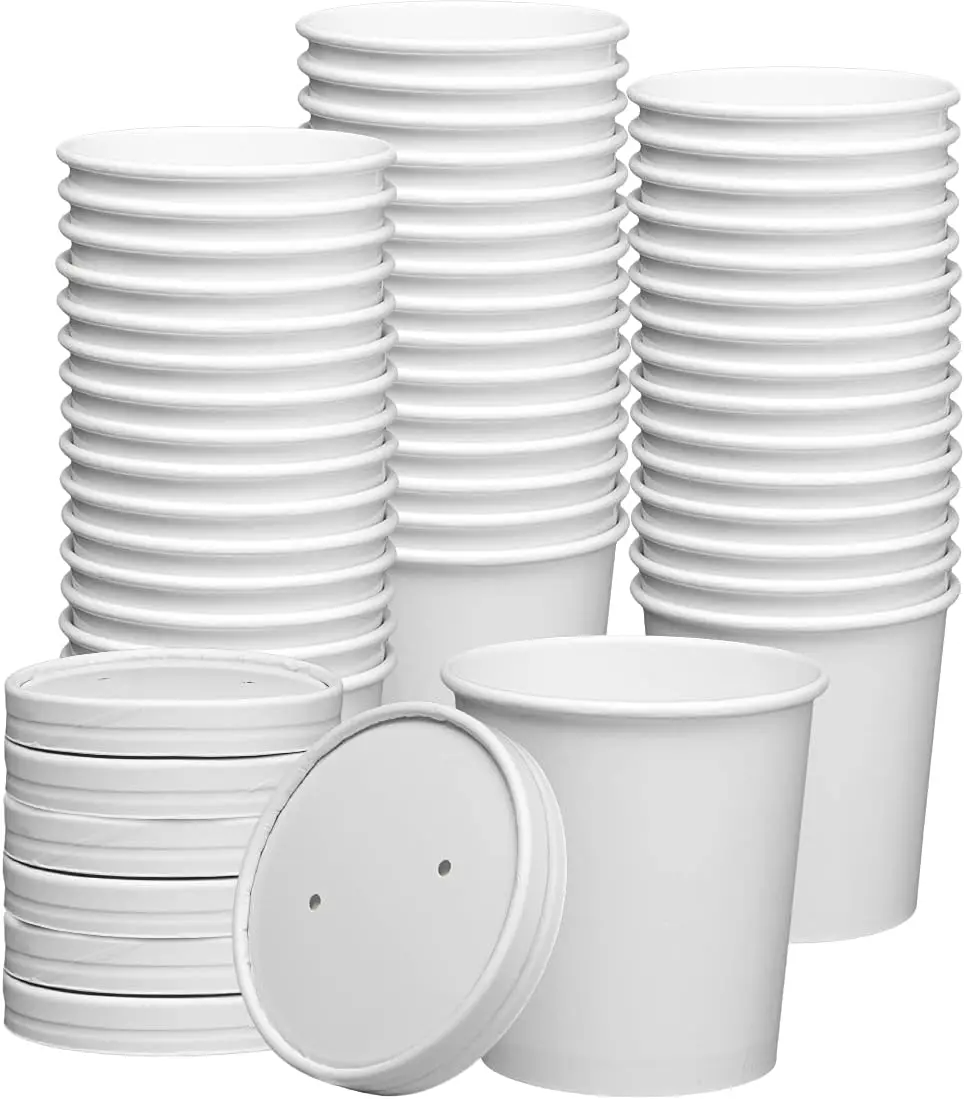 

USTO [16 oz. - 50 Count] White Paper Food Containers with Vented Lids - To Go Hot Soup Bowls, Disposable Ice Cream Cups,