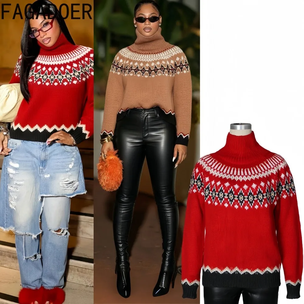 เสื้อไหมพรมแฟชั่นฤดูหนาวลายพิมพ์ใหม่สำหรับผู้หญิง คอสูง แขนยาว สีสันตัดกัน สไตล์สตรีทแวร์