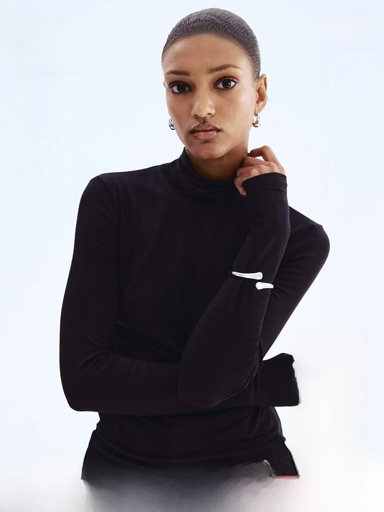 

H&M Women's High Collar Long Sve T-irt Winter Floed Fiber round Ne Top Casual Sle Universal Fit Daily Wear