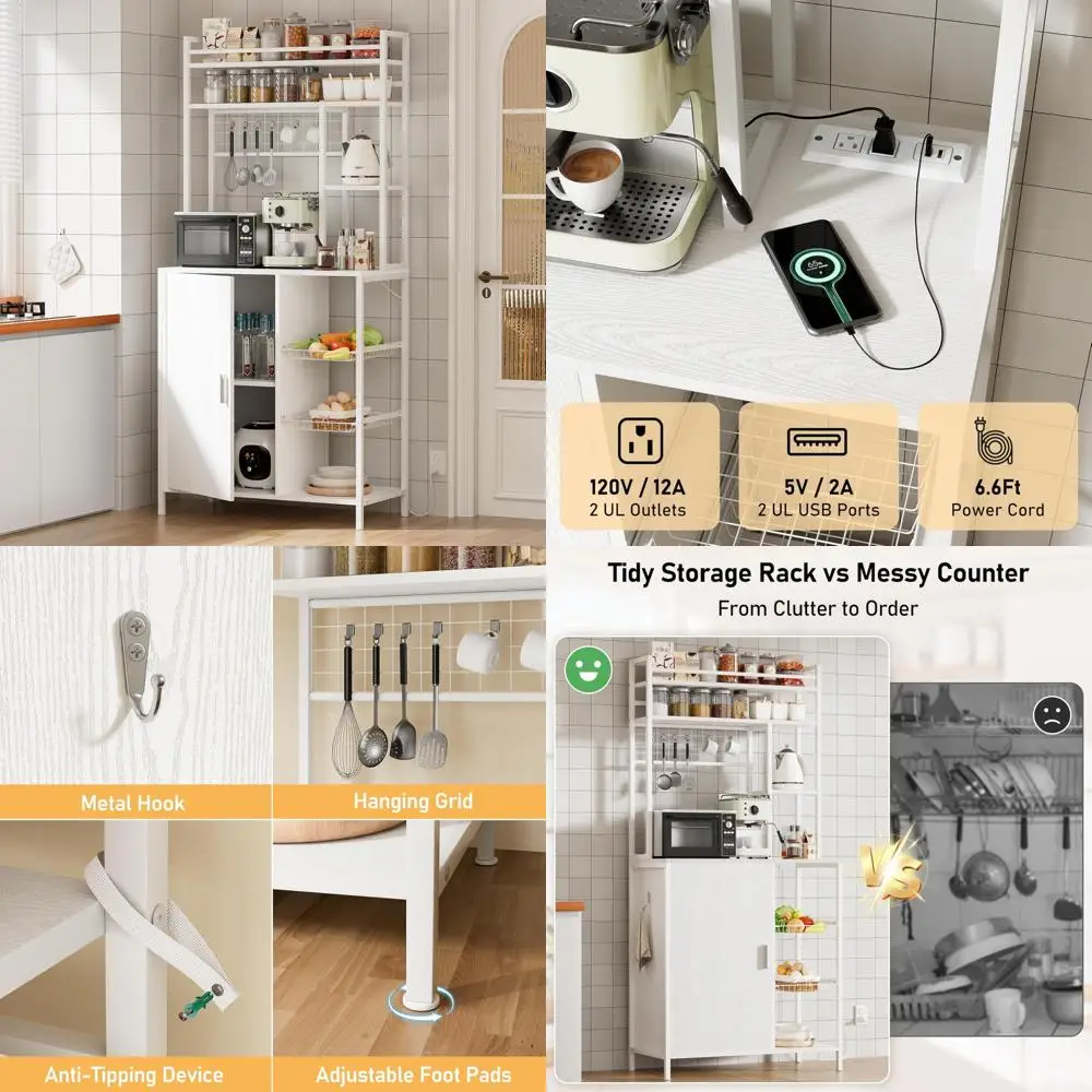 

Большая 7-уровневая стойка для пекарей с местом для хранения и розеткой, кухонный шкаф-подставка для микроволновой печи, шкаф для кофе-бара с дополнительной установкой