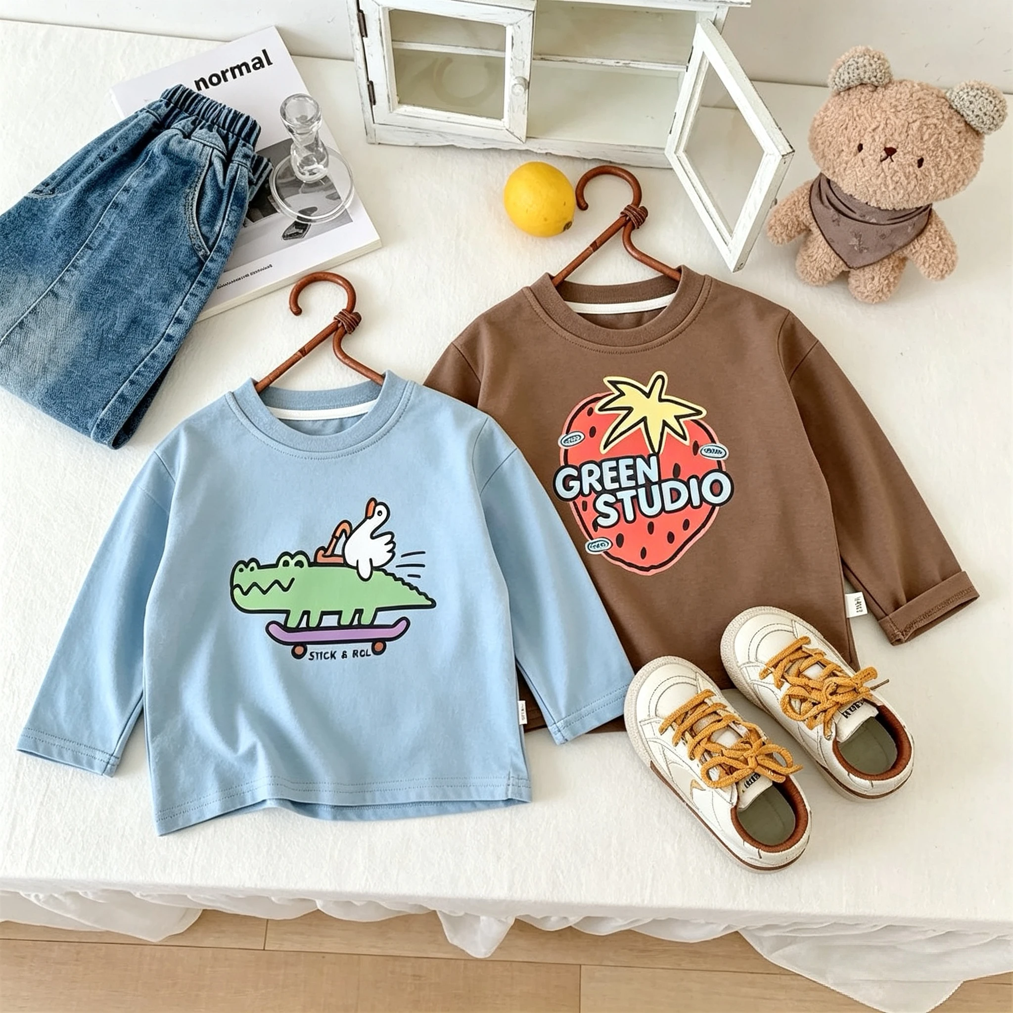 Popular Design Kids Long Sleeve T-shirt Tops Print Cartoon Fashion Casual Crewneck Base Shirt Blouse Spring Fall Clothing New