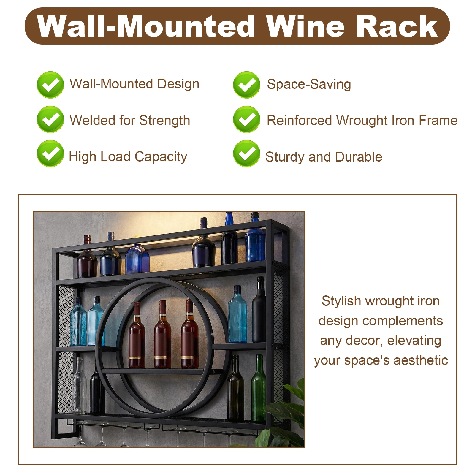 

Металлическая настенная винная полка-стеллаж на 3 уровня с LED-подсветкой и держателем для бокалов для домашнего бара и столовой