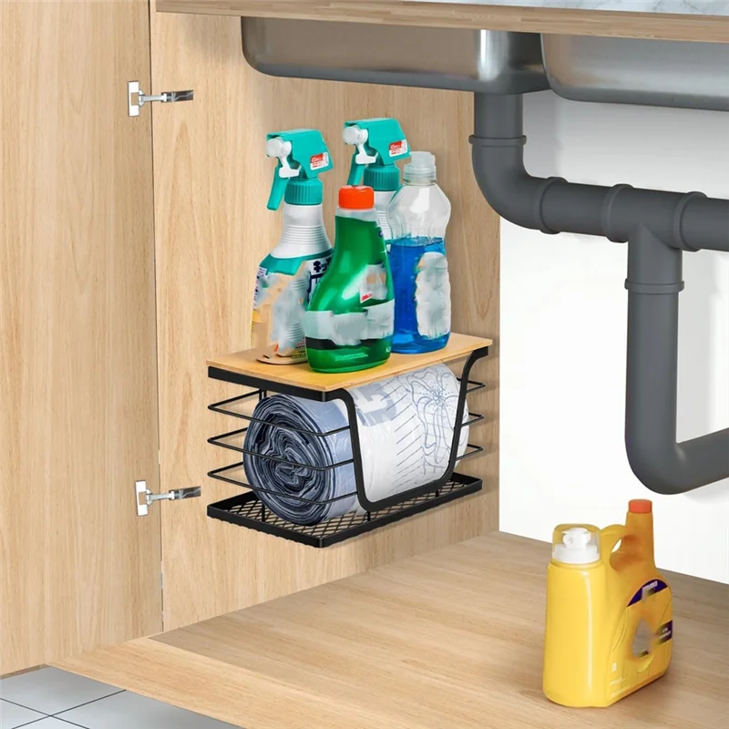 AT63-Garbage Bag Holder Trash Bag Holder Stackable Dispenser Wall Mounted For Kitchen For Laundry Organizer Under Sink Storage