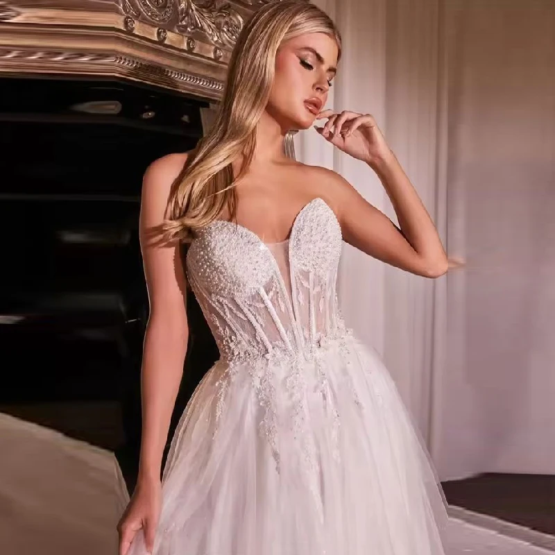 

Court Train Customized Party Dresses Sweetheart Neck A-Line Prom Dresses 2025 Side High Split Beaded Corset Evening Dresses