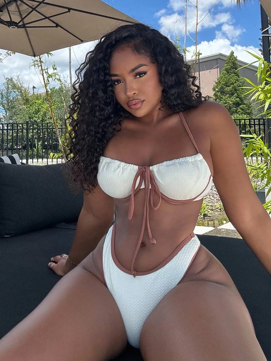 

Women Contrast Binding Bikini Set With Tie Front Top And High Cut Bottom For Beach Vacation