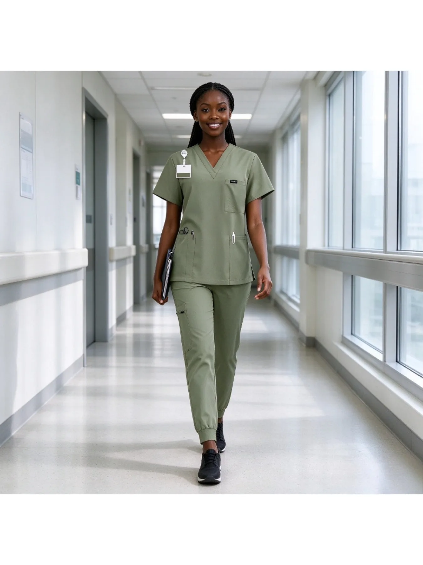 Women Short Sleeve Scrub Top & Pants Set With Side Pockets Work Outfit for Operating Room Skin Care Beauty Salon