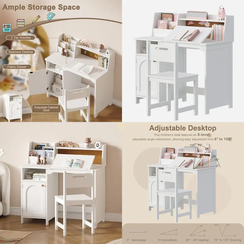 

White Wooden Study Desk with Hutch and Adjustable Table for 3-8 Year Olds, Storage Cabinet Included, Ideal for Home Schooling an