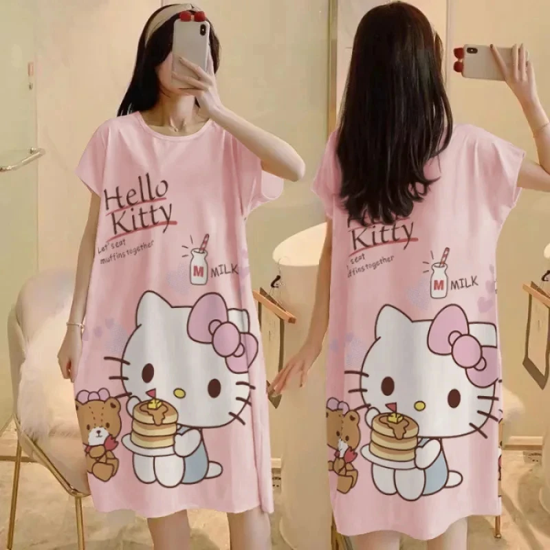 

Kawaii Hello Kitty Summer New Ladies Nightdress Anime Sanrio Kuromi Pachacco Cartoon Cute Sweet Cotton Pajamas Homewear 2024