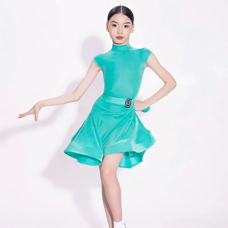 

Latin Dance Costume Children Professional Dancing Performance Outfit Short Sleeve Dance Competition Suit Green Latin Dress