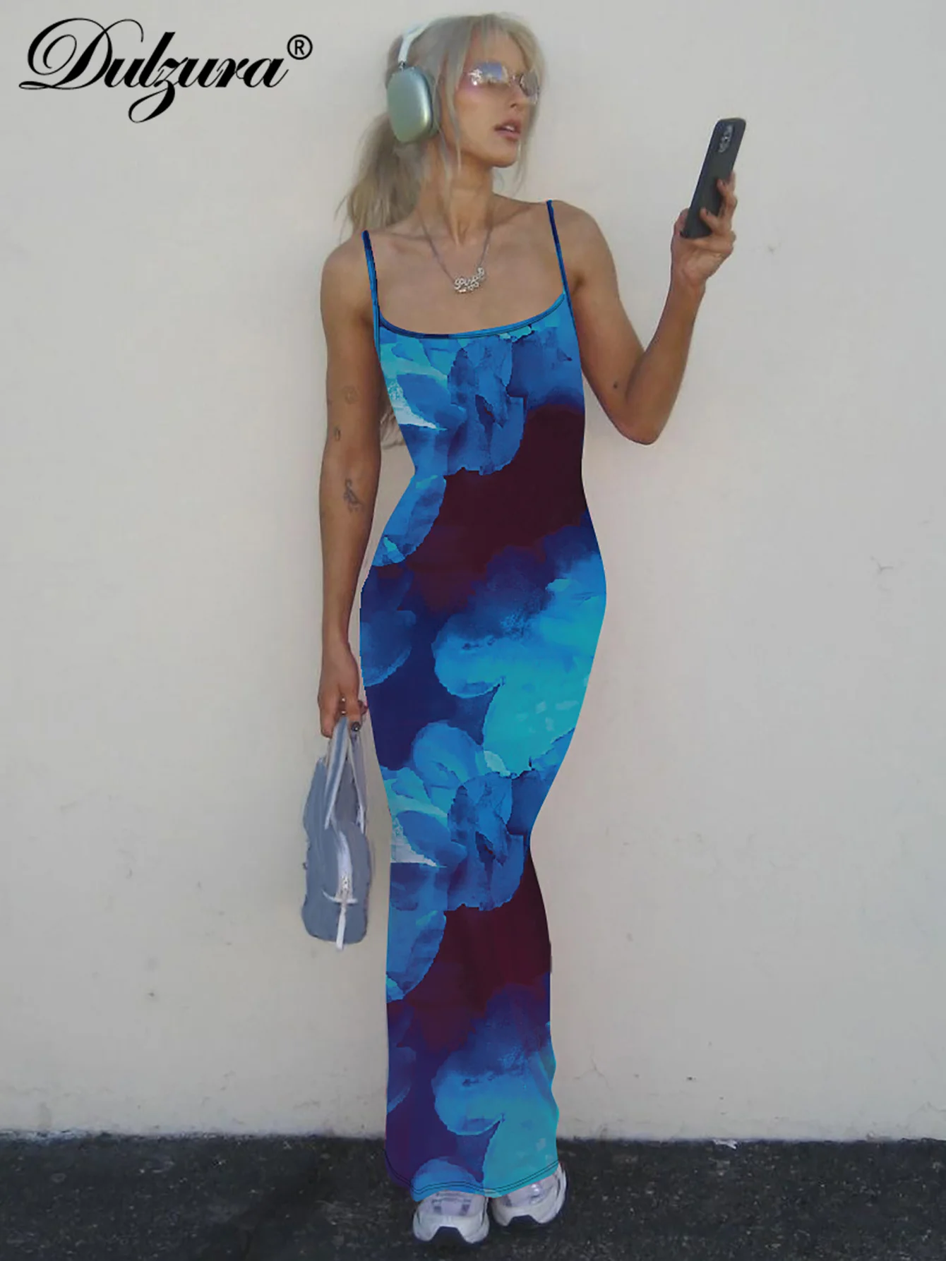 Dulzura Abito maxi con stampa aderente senza maniche senza schienale Abito lungo casual elegante sexy da donna Party Club Street Summer Outfit