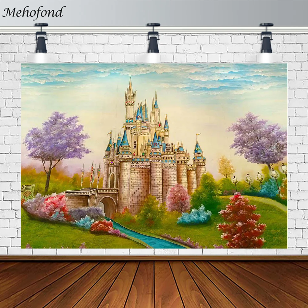 

Mehofond Fairy Tale Castle Backdrop Spring Floral Trees Night Stars Lights Decor Poster Child Portrait Photography Background