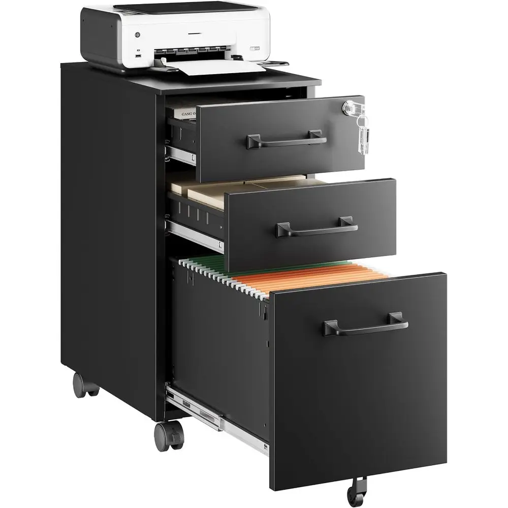 Under Desk Metal Filing Cabinet with Lock, Rolling Printer Stand for Letters/Legal/A4 Sizes (Assembly Required), Black