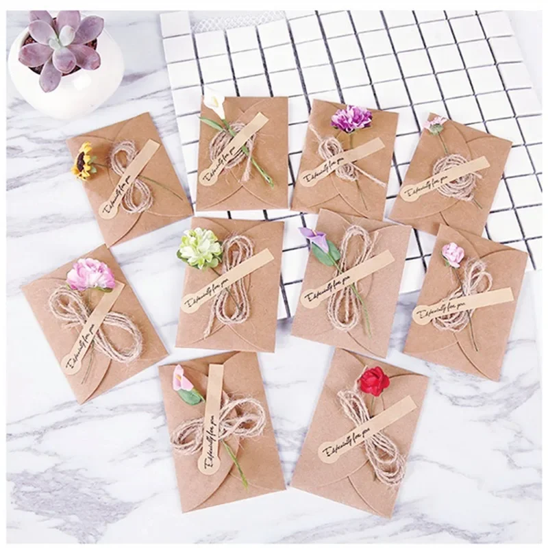 5/10pcs Handmade Dry Flower DIY Kraft Paper Invitation Greeting Card Inner Paper With Ribbon & Envelope & Seals Wedding Favors