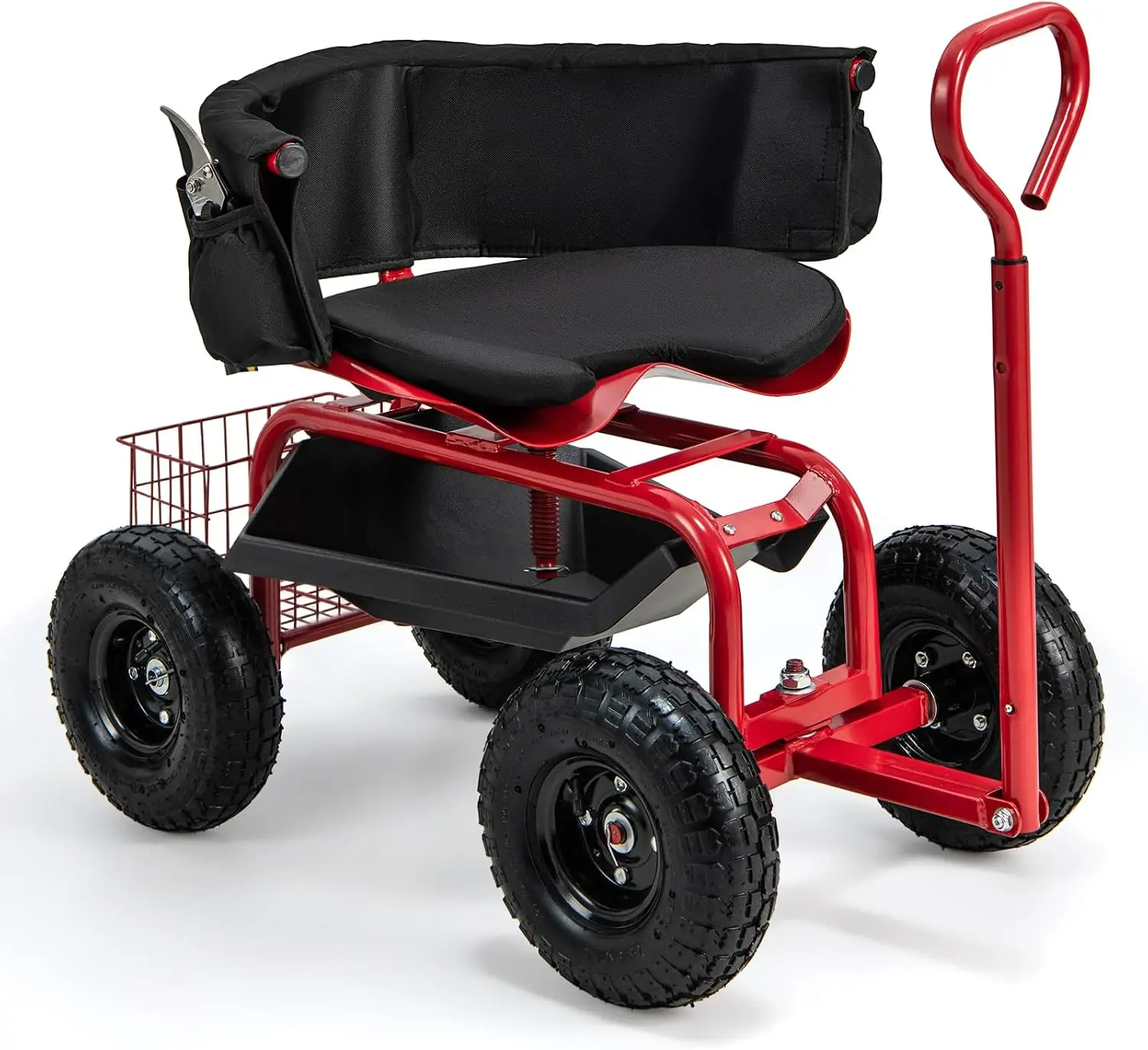 Garden Cart with Padded Seat & All-Terrain Wheels, Red