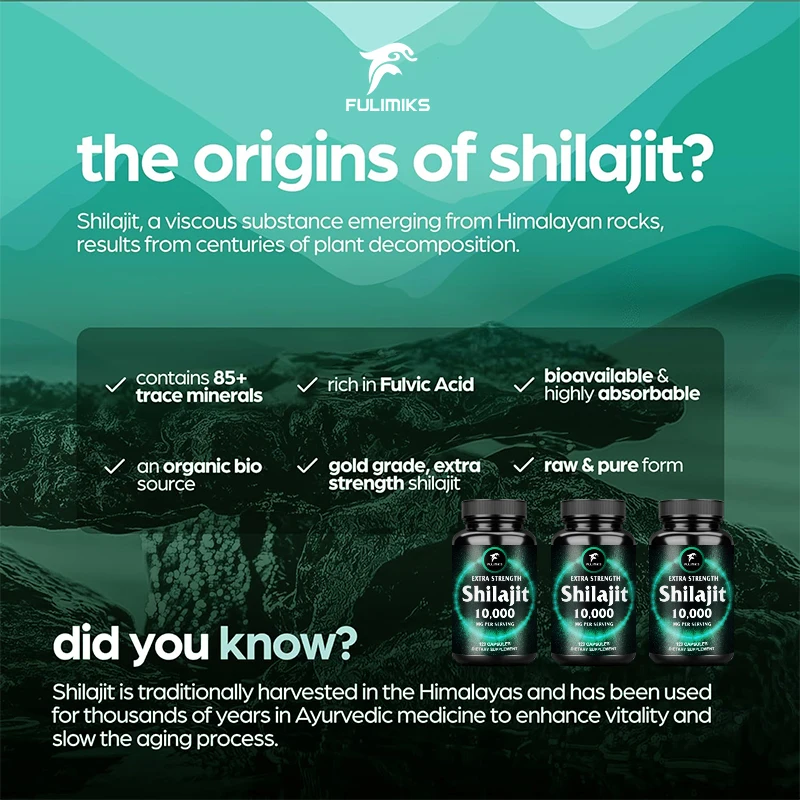 Fulimiks Shilajit 10000mg Maximum Potency Organic Capsules with Fulvic Acid&Trace Minerals for Enhanced Energy & Immune Support