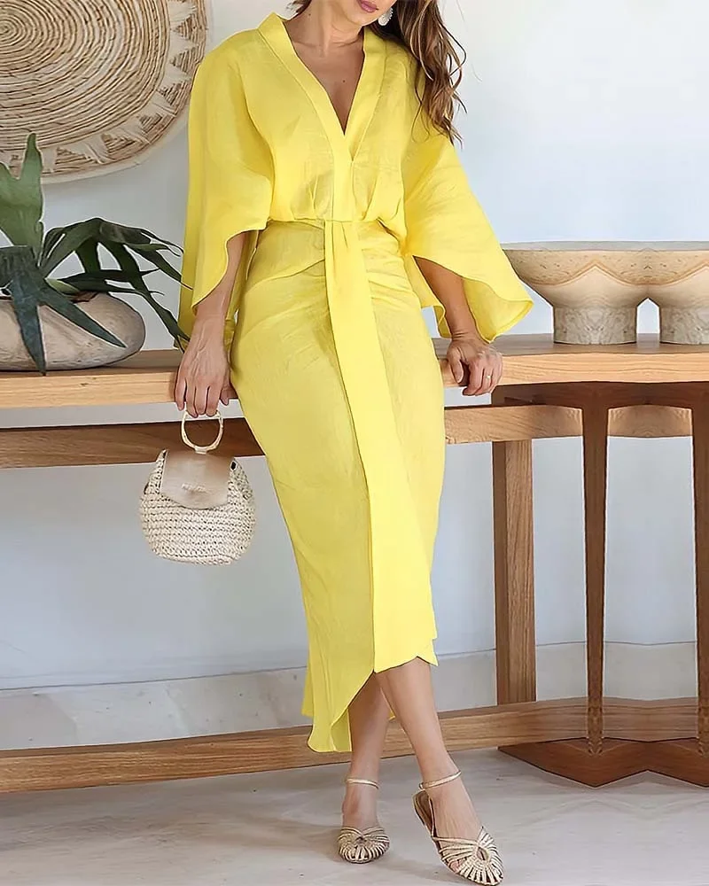 Women Chic Plunge Batwing Sleeve Pleated Dress Casual Loose V-neck Irregular Hem Vestidos 2024 Summer Lady Elegant Robes