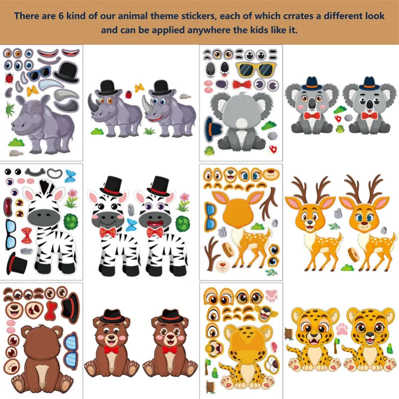 Make a face Stickers for Kids Toddlers Cartoon Safaris Animals Puzzle Stickers DIY Crafts Children\'s Enlightenment Cognition Toy