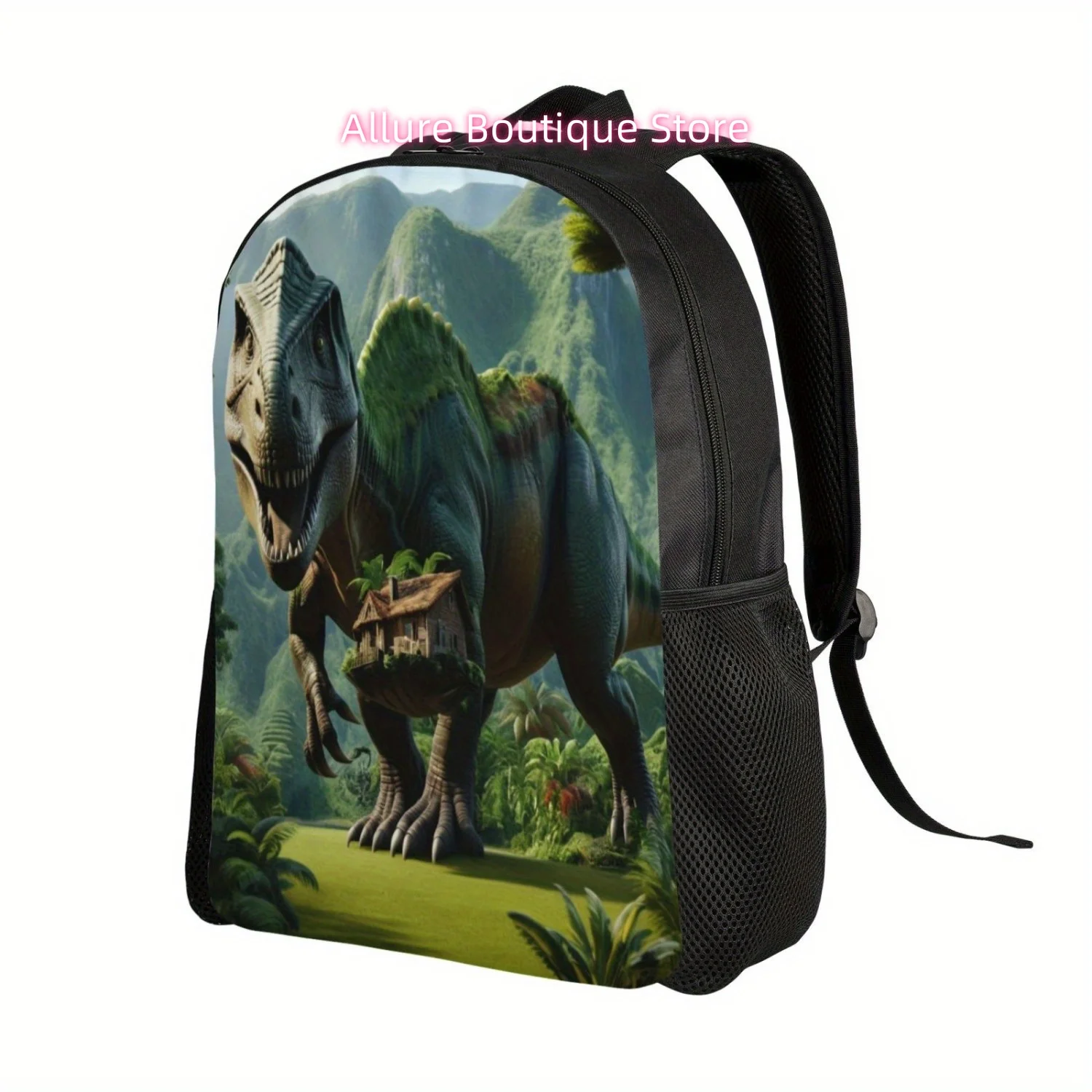 Dinosaur-Themed Lightweight Backpack for Men & Women - Adjustable Straps, Polyester Laptop/Tablet Travel Daypack with Zip Closur