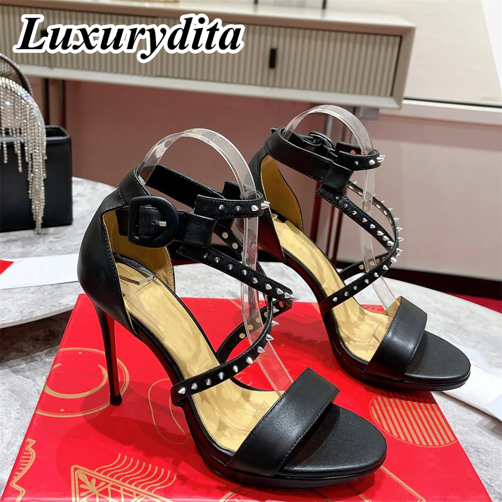

Top Quality Womens High Heels 0-12cm Luxury Fashion Ladies Sandals Designer Classic Red Heel Real Leather sole Mules Shoes 0482