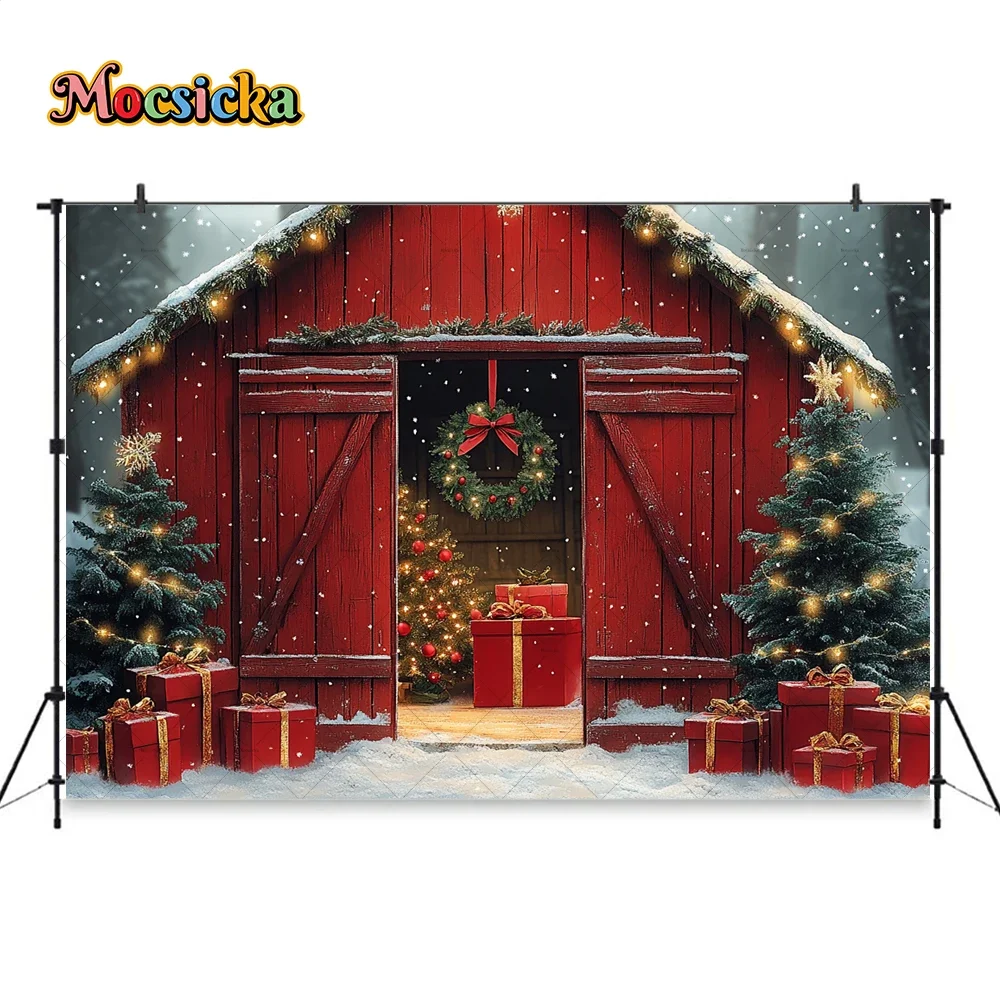 Red Xmas Barn Door Background Photography Wooden House Xmas Tree Gift Snowy Backdrop New Year Night Kid Family Photo Studio Prop