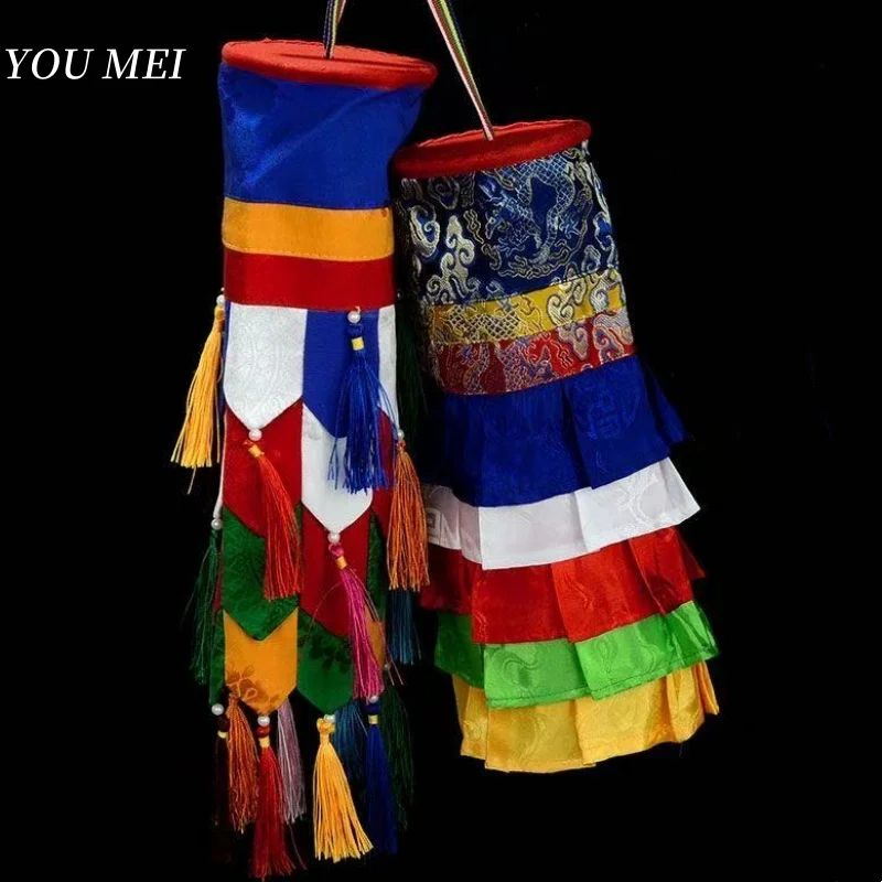 Buddhism Ribbon Colorful Flags,Cylindrical Buddha-Embroidered Pendant,Tibetan Umbrellas Banner Hanging Decoration Buddhist Item