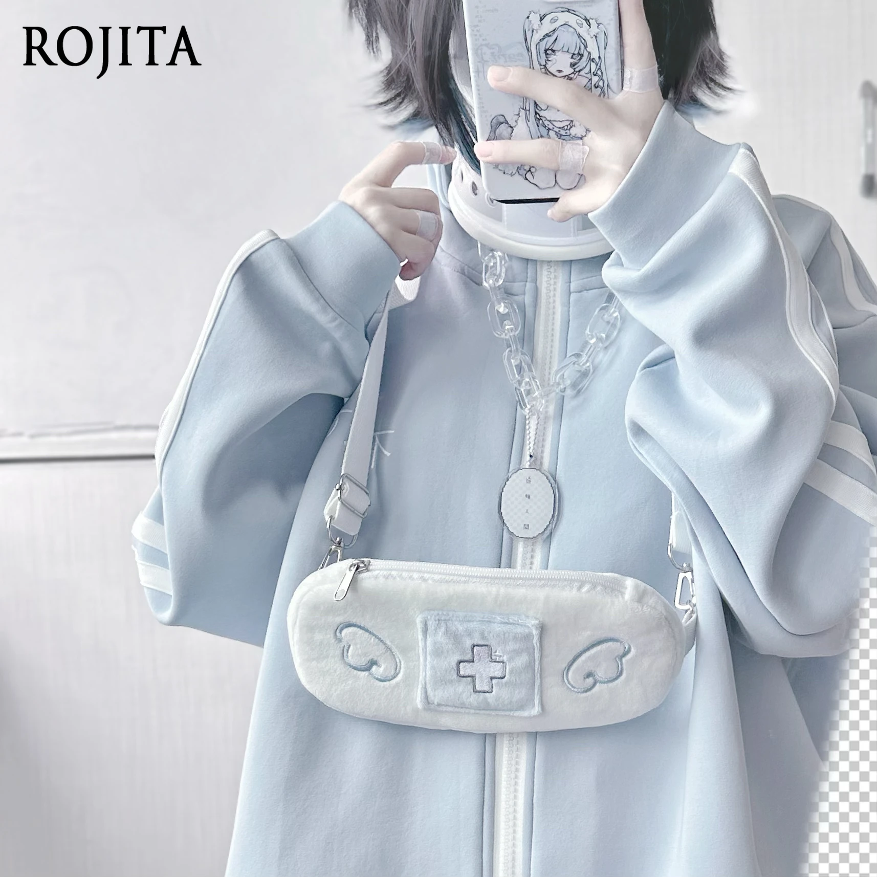 

Blue and White Shoulder Bag Women Original Band-Aid Plush Angel Watercolor Japanese Medical System Lolita Crossbody Bag