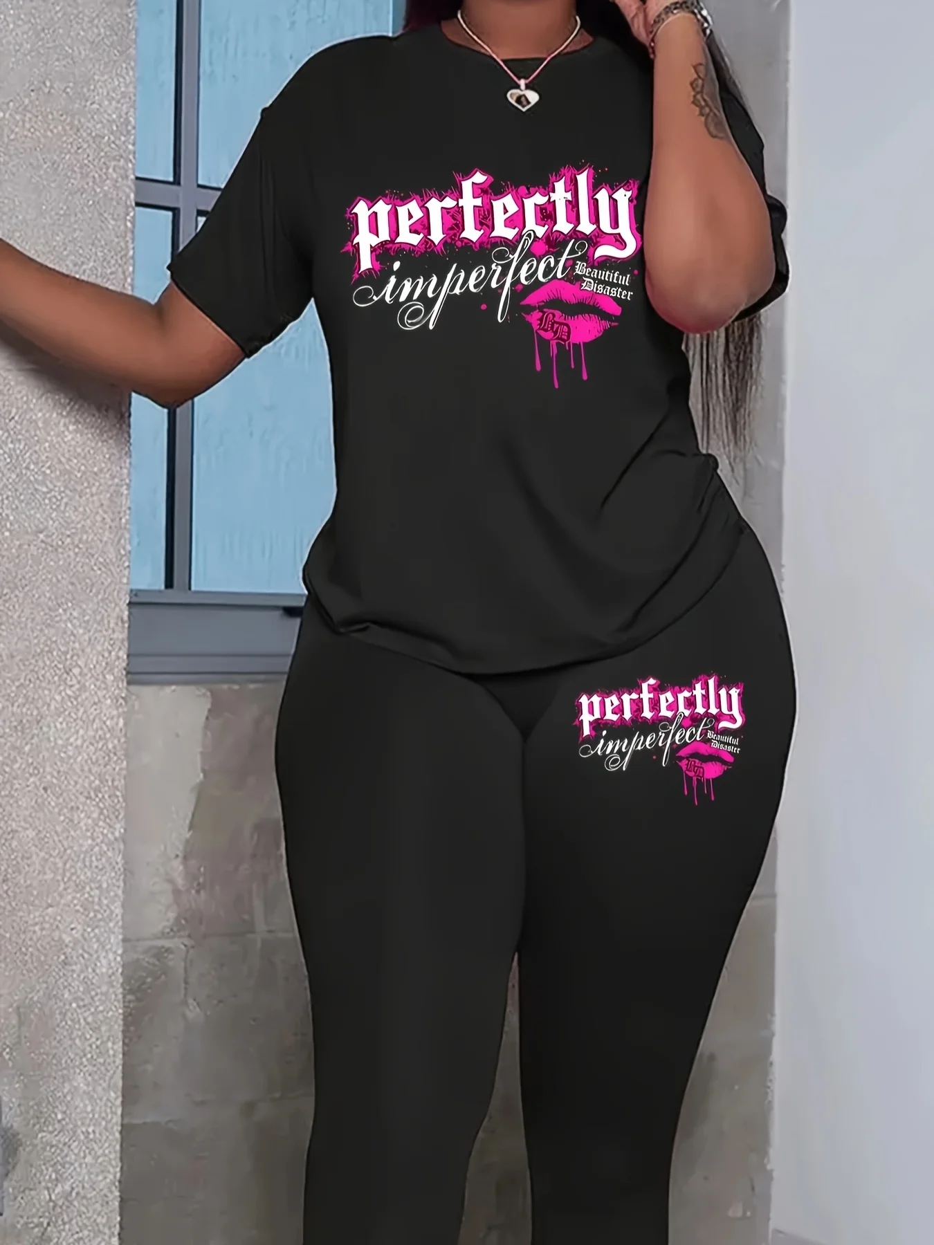 

Women's summer casual PERFECTLY letter printed loose round neck short sleeved T-shirt+leggings two-piece set high street