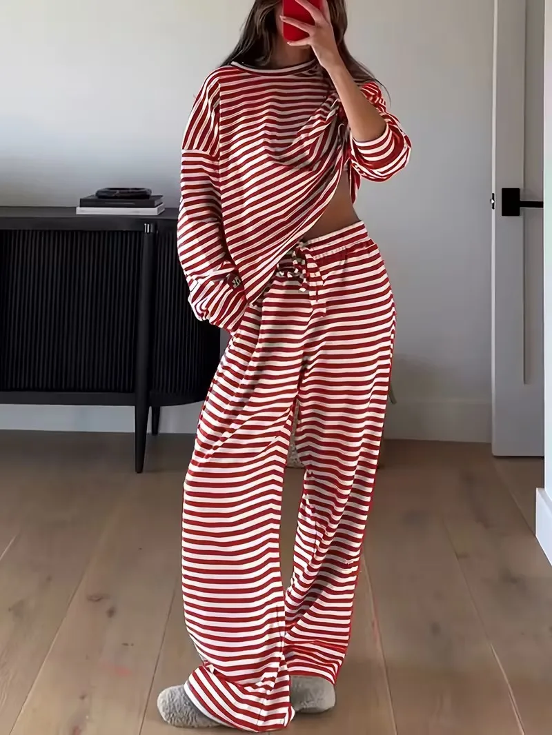 2026 Autumn Winter New Women Striped Round Neck Loose T-shirt High Waist Long Pants 2 Piece Set Casual Daily Outfit Suit view 3