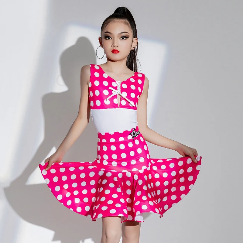 New Girls Latin Dance Dress Pink Black Polka Dot Dress Cha Cha Rumba Samba Dance Practice Show Clothes Competition Dress BL14005