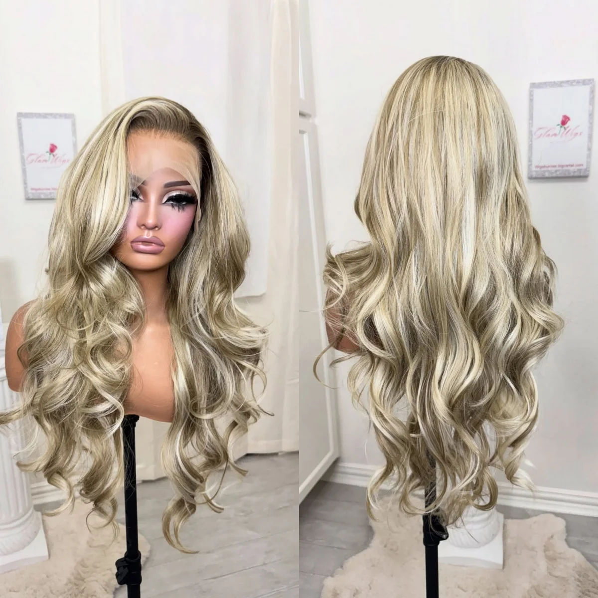 28 Inches Long Length Loose Wave Glueless Wigs Synthetic Hair Ombre Ash Blonde Highlights Front Lace Wig Costume Woman Daily Use