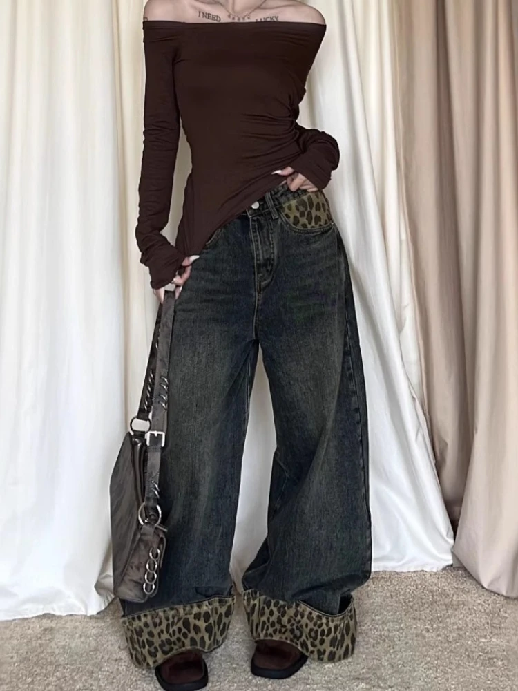 2025 American Retro Y2K Patchwork Denim Pants Women Leopard Print Trousers Oversized Wide Leg Casual Streetwear Jeans Versatile