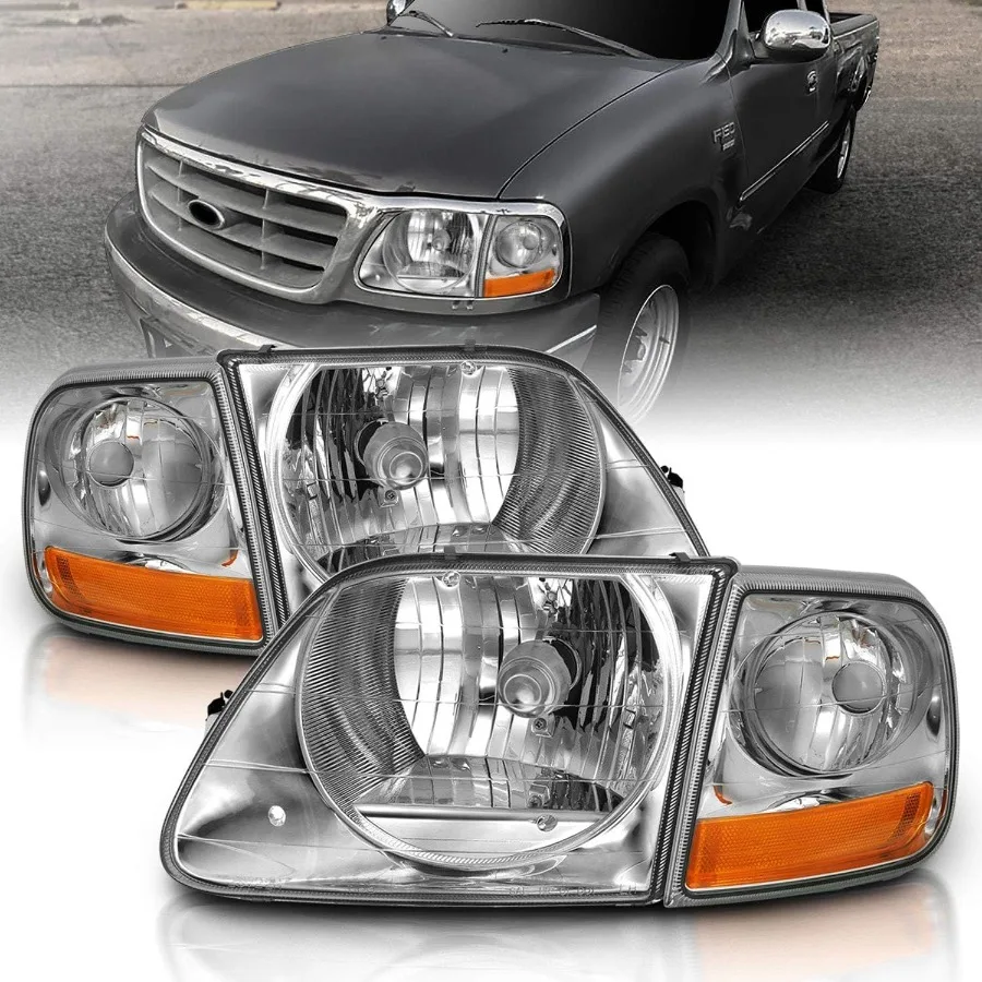 

for 1997-2003 Ford F150 Harley Lightning Crystal Chrome Replacement Halogen Headlights with Corner Parking Set - Driver and Pas