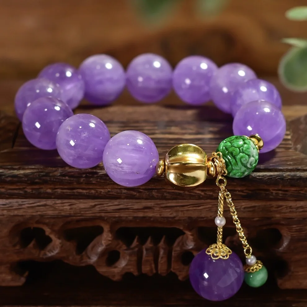 

Natural Rich Purple Amethyst Round Bead Bracelet, Dry Green Jadeite Carved Hydrangea 925 Silver Gold Plated, Crystal Jewelry