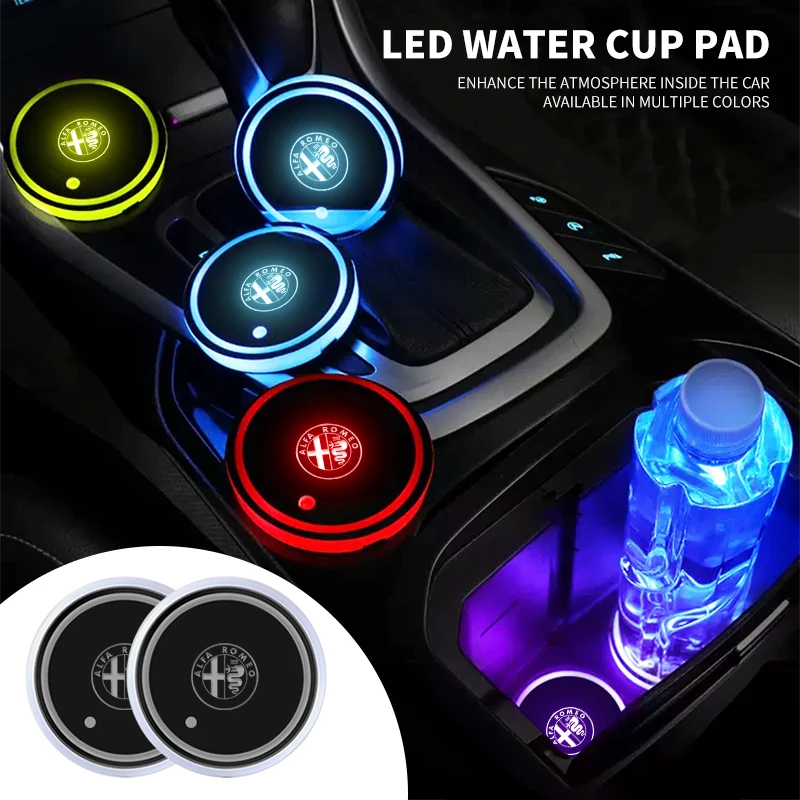 1/2 Pcs Car Luminous Coaster Non-Slip Mat For Alfa Romeo Giulia Stelvio Giulietta 156 159 147 Mito Tonale Brera Disco Vol