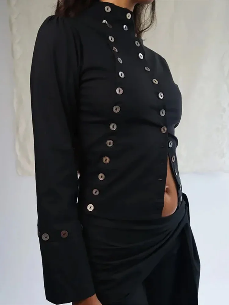 Goth Aesthetic Y2K Vintage Women's Long Sleeve Shirt Sexy Slim Fit Chic Button-Down Solid Color Crop Tops Grunge Punk Streetwear