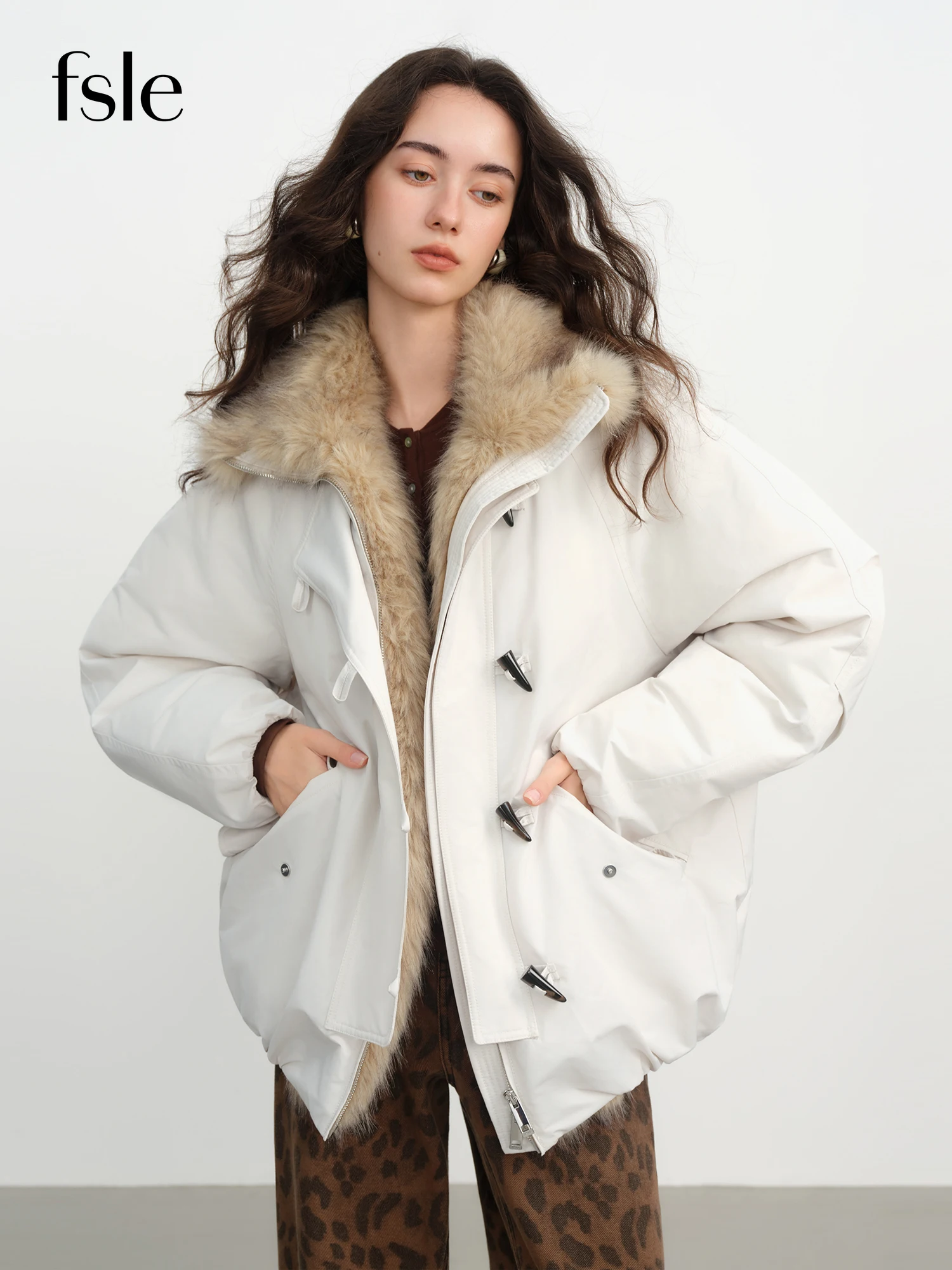 FSLE 2025 Winter Women Short Barn Style Jacket - Oversized Utility Parka Coat Plush Fur Collar Multi-Pockets for Casual Comfort