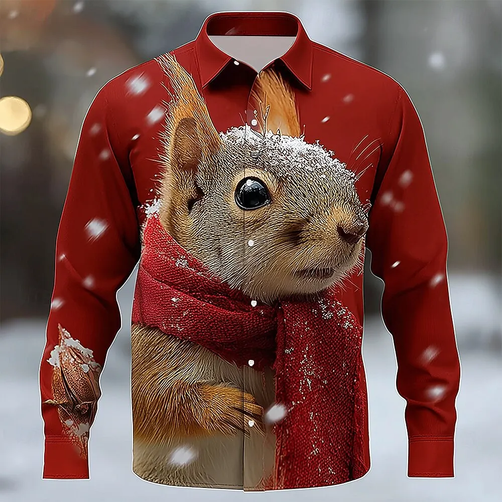 

Christmas Squirrel Pattern Long Sleeve Shirts Men's Women's 3D Print Casual Lapel Shirt Fashion Loose Casual Comfortable Clothes